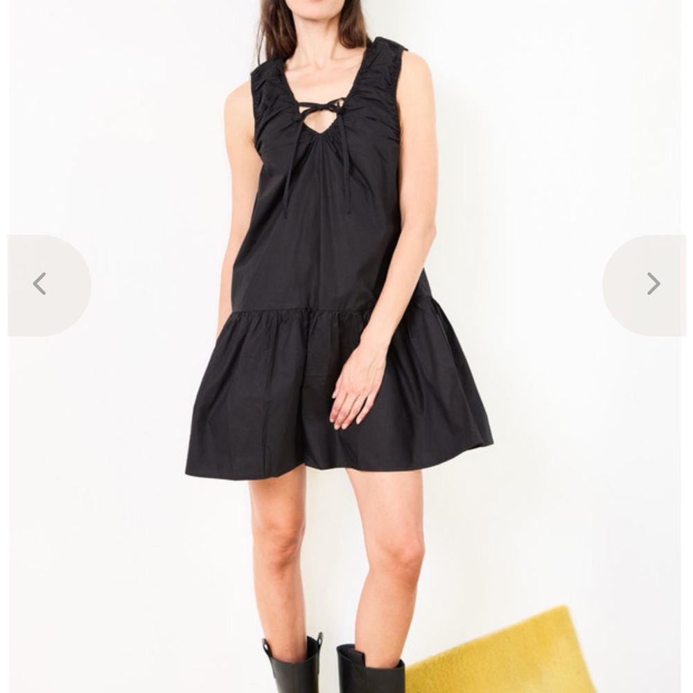 Ganni Black Sleeveless Ruffle-Trim V-Neck Tiered Cotton Mini Dress